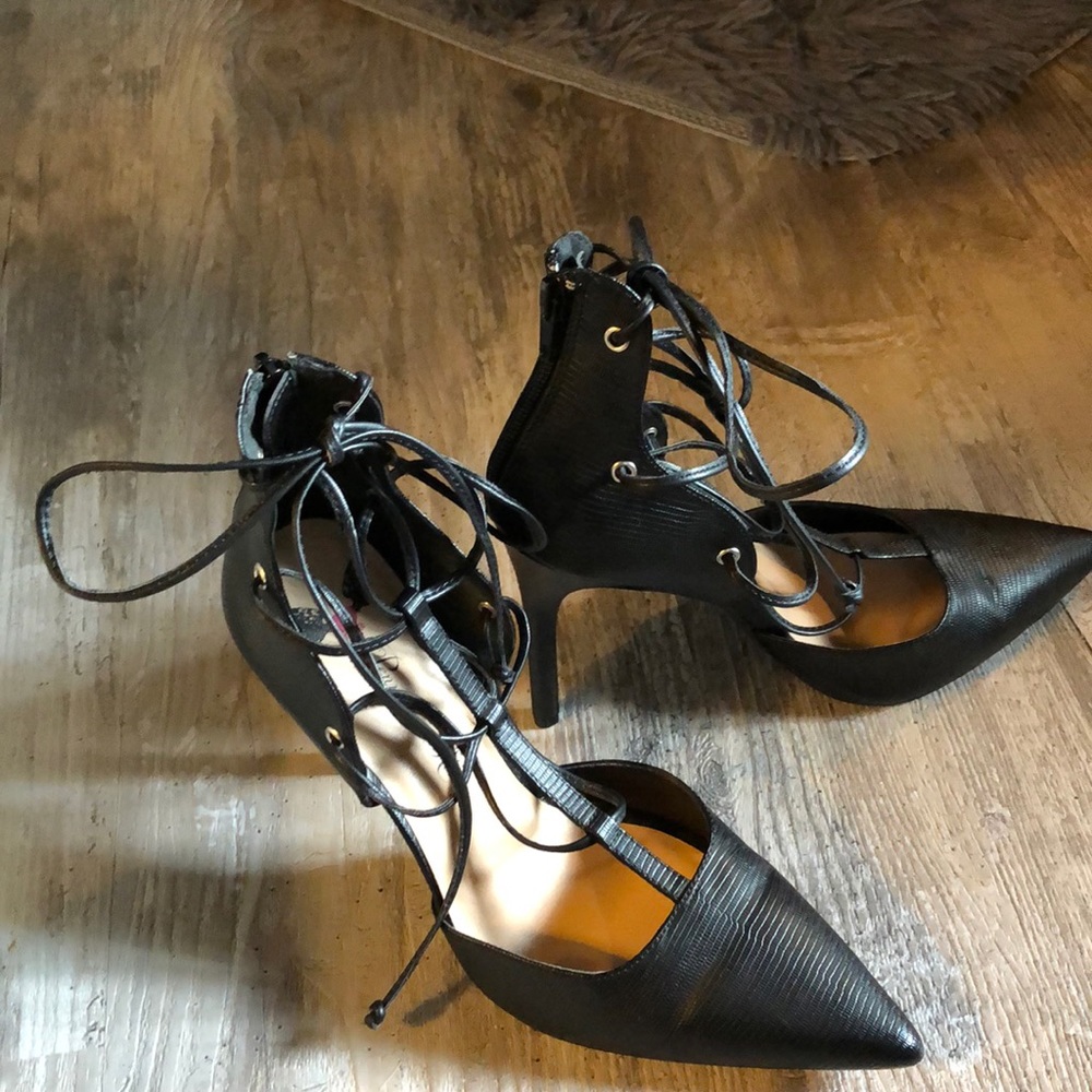 Penny Loves Kenny-Black, 4.5” lace-up stiletto.